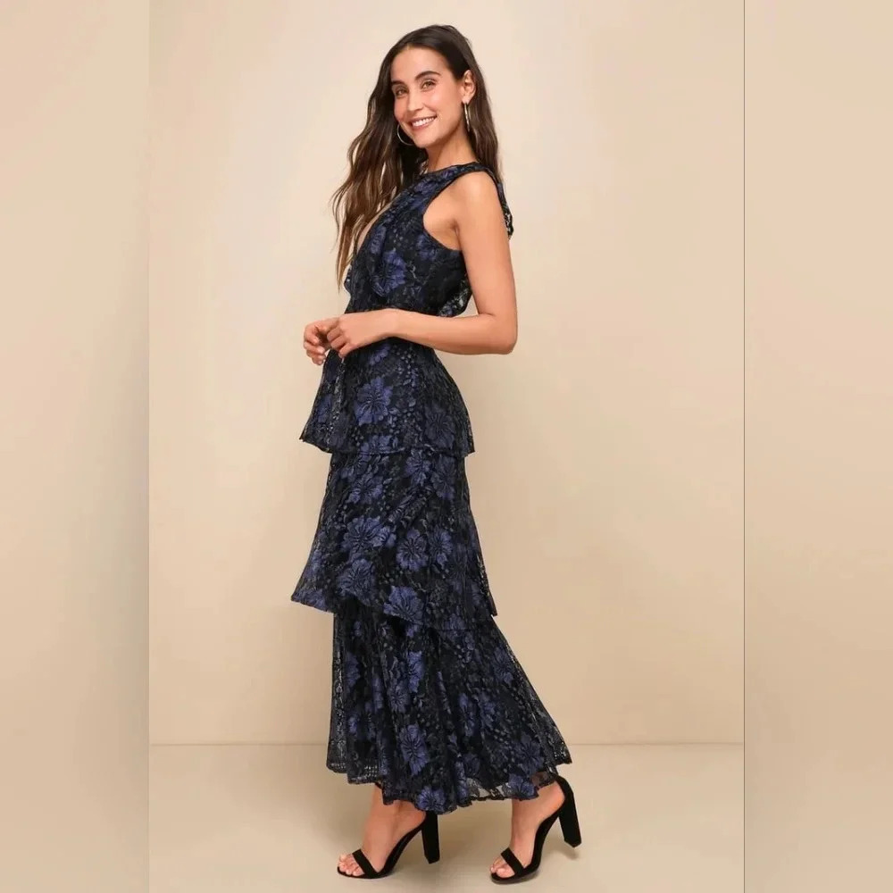 Lulus Molinetto Navy Blue Lace Ruffled Tiered Sleeveless Maxi Dress Party Prom - Picture 3 of 11